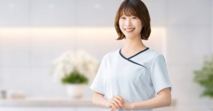 白いユニフォームを着て笑顔で立つ看護師